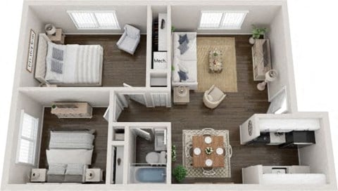 Floor plan for 2 beds, 1 bath, 767 sqft