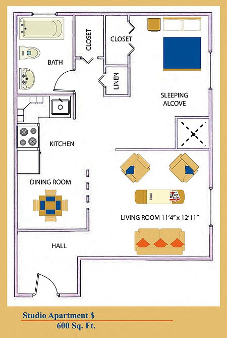 Floor plan for studio, 1 bath, 600 sqft