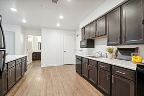 Marion apartment for rent - an open kitchen with dark wood cabinets and white countertops and a living room