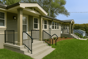 Des Moines triplex for rent - A house with a grey front and a black railing.
