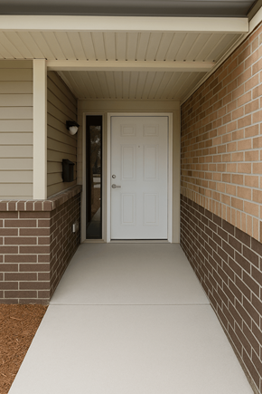 Des Moines triplex for rent - A white door is at the end of a hallway.