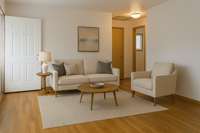 Des Moines triplex for rent - A living room with a couch, chair, and coffee table.