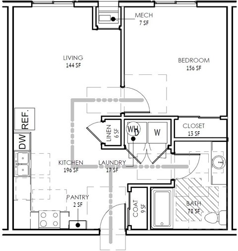 Floor plan for 1 bed, 1 bath, 660 sqft
