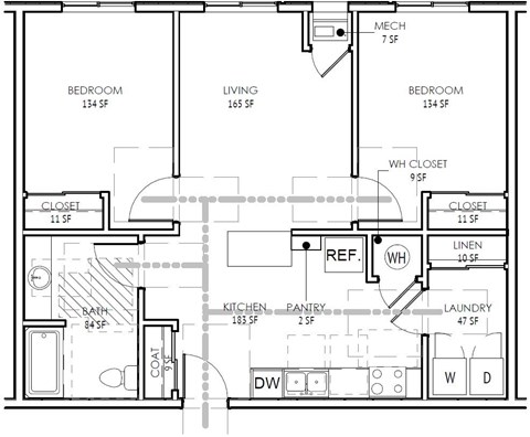 Floor plan for 2 beds, 1 bath, 855 sqft