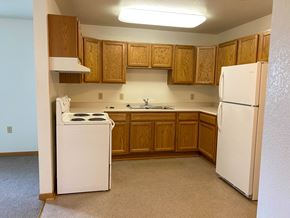 Webster City apartment for rent - A kitchen with white appliances and wooden cabinets.