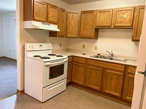 Webster City apartment for rent - A white stove and oven in a kitchen with wooden cabinets.