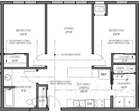 Floor plan for 2 beds, 1 bath, 801 sqft
