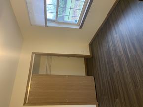 Washington apartment for rent - A mirror is mounted on a wall above a wooden door.