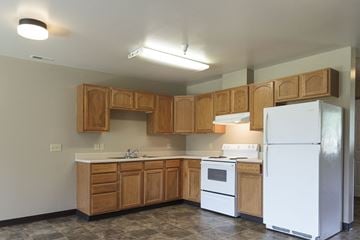 Mt. Vernon apartment for rent - A kitchen with wooden cabinets and a white refrigerator.