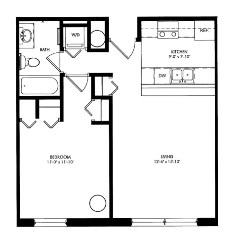 Floor plan for 1 bed, 1 bath, 584 sqft