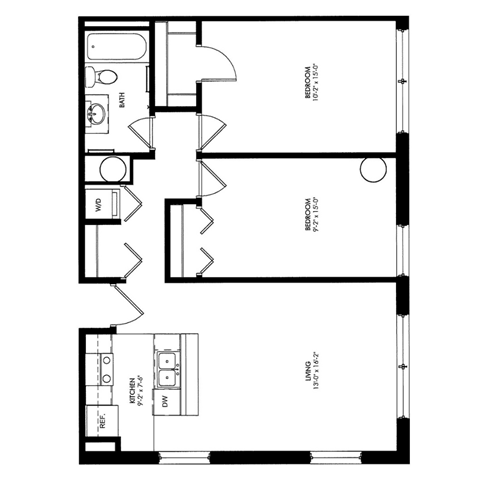 Floor plan for 2 beds, 1 bath, 801 sqft