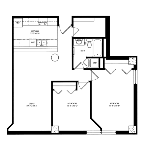 Floor plan for 2 beds, 1 bath, 933 sqft