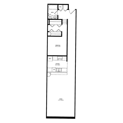 Floor plan for 1 bed, 1 bath, 830 sqft