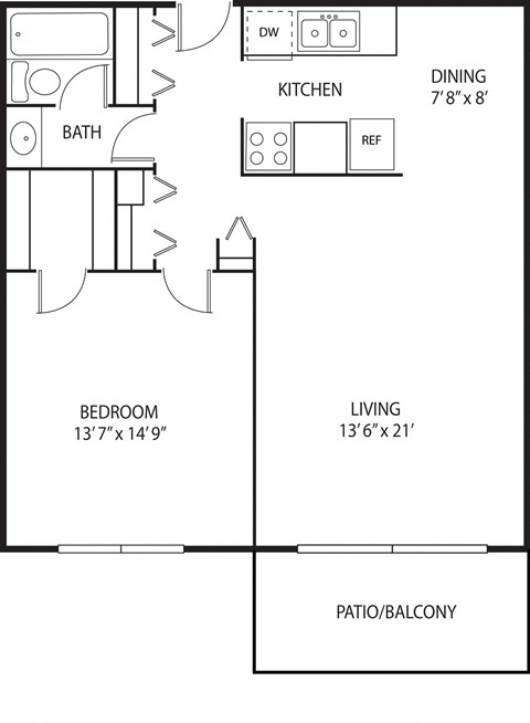 Floor plan for 1 bed, 1 bath, 780 sqft