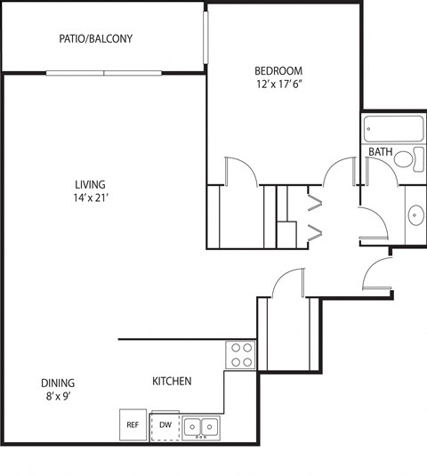 Floor plan for 1 bed, 1 bath, 830 sqft
