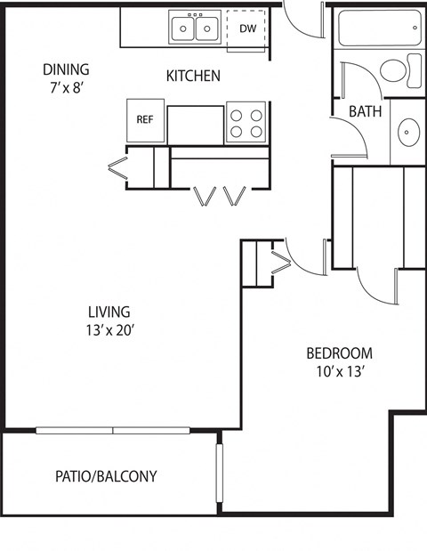 Floor plan for 1 bed, 1 bath, 705 sqft