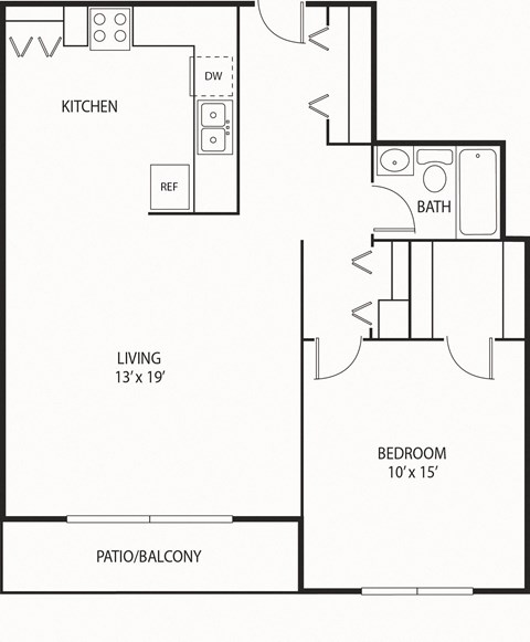 Floor plan for 1 bed, 1 bath, 640 sqft