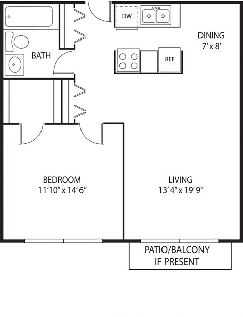 Floor plan for 1 bed, 1 bath, 700 sqft