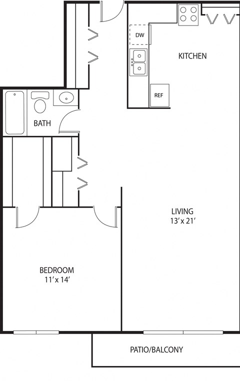 Floor plan for 1 bed, 1 bath, 710 sqft