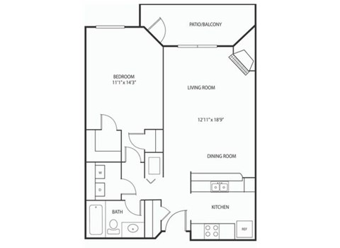 Floor plan for 1 bed, 1 bath, 744 sqft