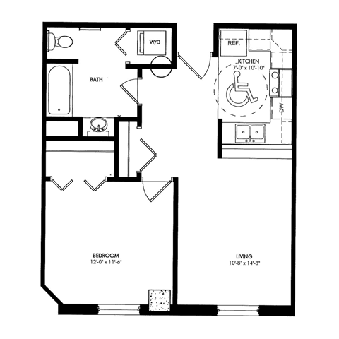 Floor plan for 1 bed, 1 bath, 618 sqft