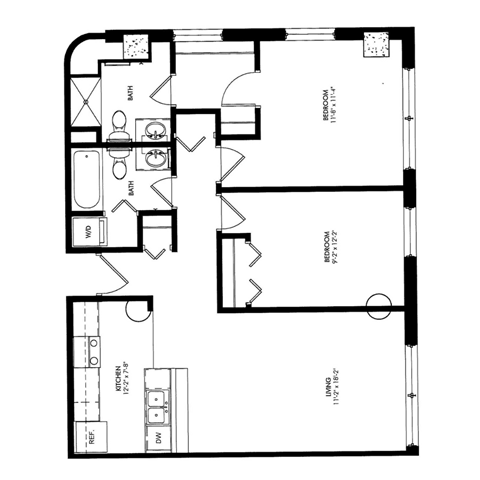 Floor plan for 2 beds, 2 baths, 804 sqft