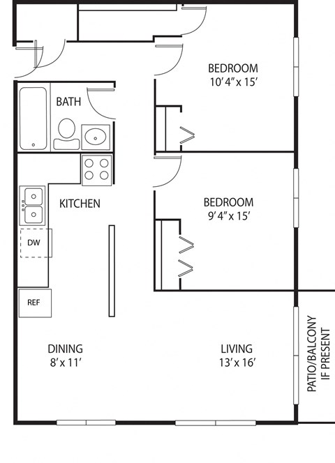 Floor plan for 2 beds, 1 bath, 900 sqft