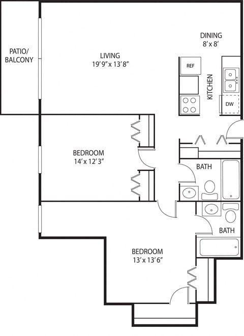 Floor plan for 2 beds, 2 baths, 910 sqft