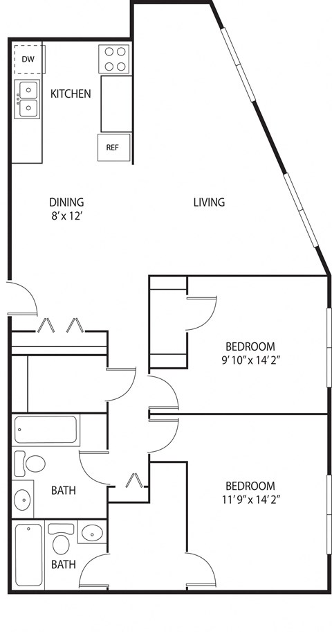 Floor plan for 2 beds, 2 baths, 915 sqft