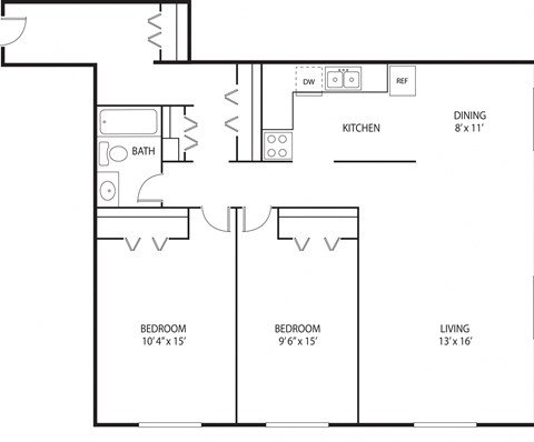 Floor plan for 2 beds, 1 bath, 930 sqft