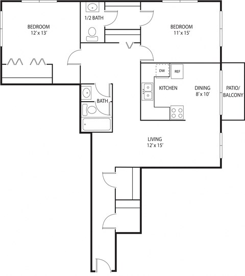 Floor plan for 2 beds, 1.5 baths, 940 sqft