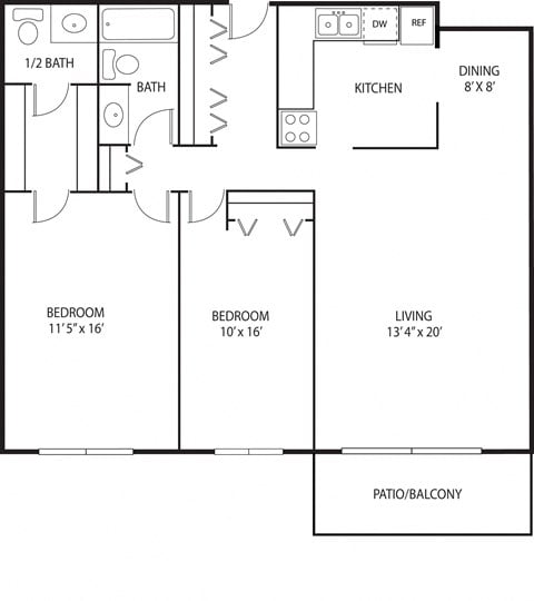 Floor plan for 2 beds, 1.5 baths, 1030 sqft