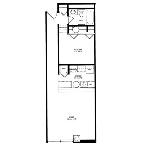 Floor plan for 1 bed, 1 bath, 655 sqft