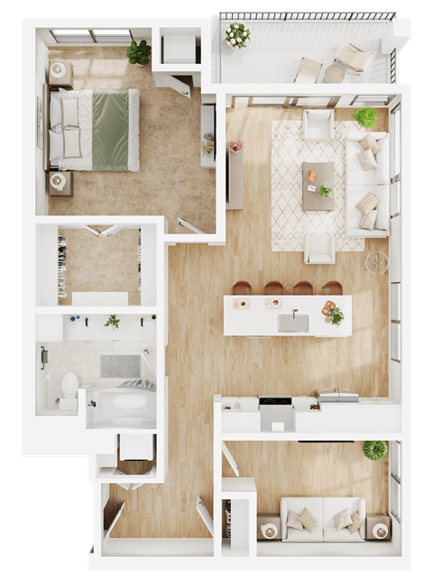 Floor plan for 1 bed, 1 bath, 942 sqft