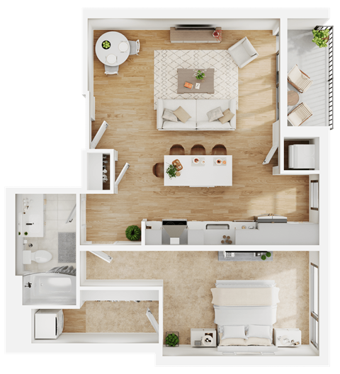 Floor plan for 1 bed, 1 bath, 796 sqft