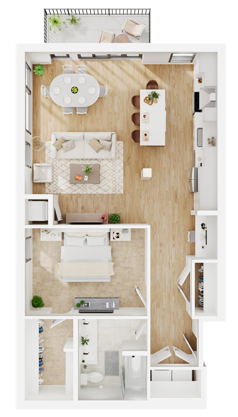 Floor plan for 1 bed, 1 bath, 918 sqft