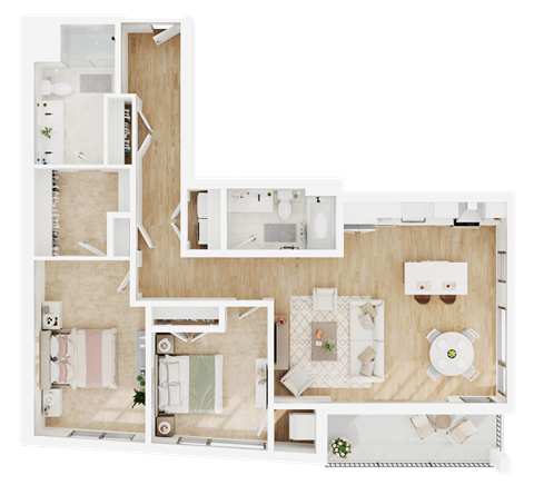 Floor plan for 2 beds, 2 baths, 1202 sqft