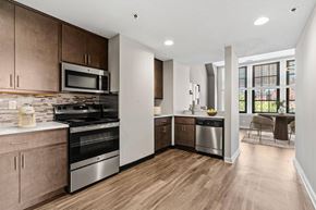 St Paul apartment for rent - Modern kitchen with wooden cabinets and stainless steel appliances at The Cosmopolitan, St Paul, MN, Minnesota