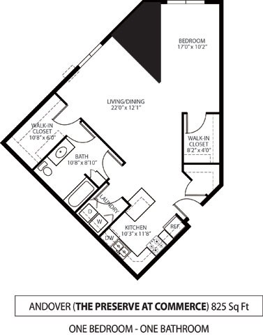 Floor plan for 1 bed, 1 bath, 825 sqft