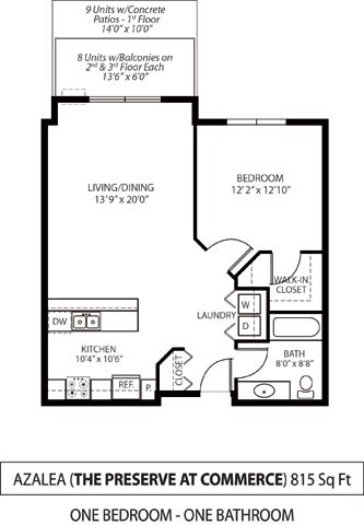 Floor plan for 1 bed, 1 bath, 815 sqft