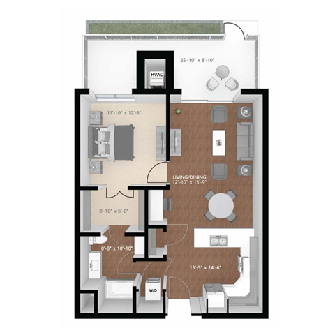 Floor plan for 1 bed, 1 bath, 844 sqft