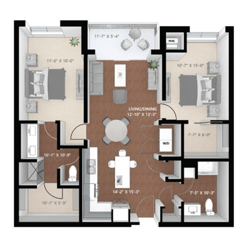 Floor plan for 2 beds, 2 baths, 1185 sqft