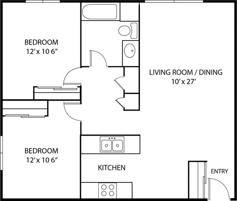 Floor plan for 2 beds, 1 bath, 915 sqft