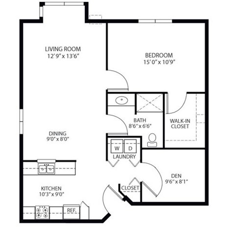 Floor plan for 1 bed, 1 bath, 844 sqft