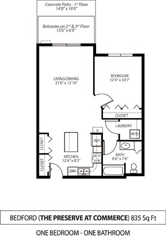 Floor plan for 1 bed, 1 bath, 835 sqft