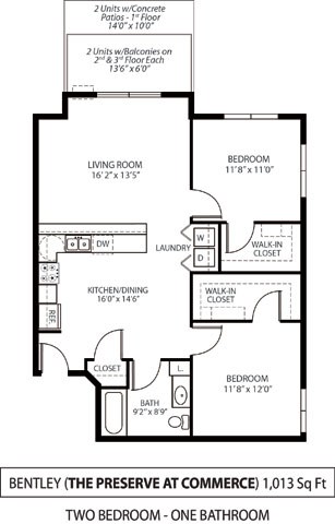 Floor plan for 2 beds, 1 bath, 1013 sqft