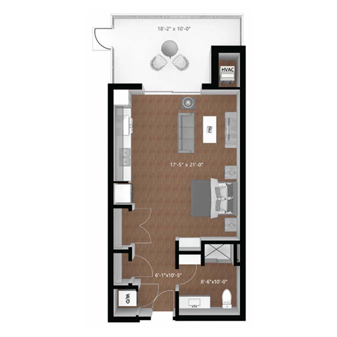 Floor plan for studio, 1 bath, 614 sqft