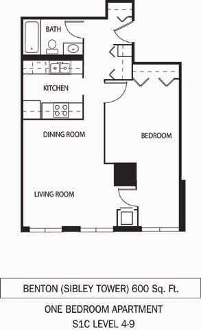 Floor plan for 1 bed, 1 bath, 600 sqft