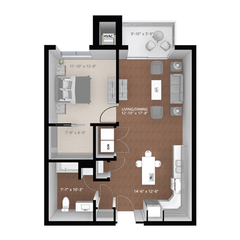 Floor plan for 1 bed, 1 bath, 844 sqft