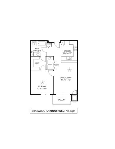 Floor plan for 1 bed, 1 bath, 786 sqft